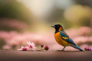 un vistoso pájaro es en pie en el suelo cerca rosado flores generado por ai foto