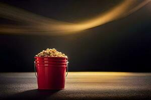 a red bucket filled with popcorn on a table. AI-Generated photo