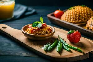 pasta with vegetables and strawberries on a wooden board. AI-Generated photo