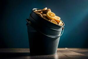 a bucket filled with oranges and lemons. AI-Generated photo