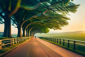 a man is walking down a road with trees in the background. AI-Generated photo