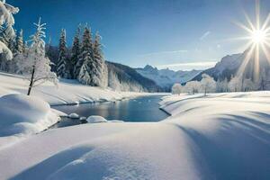 photo wallpaper the sky, snow, trees, river, sun, mountains, river, snow,. AI-Generated