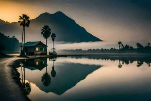 a small hut sits on the shore of a lake with palm trees. AI-Generated photo