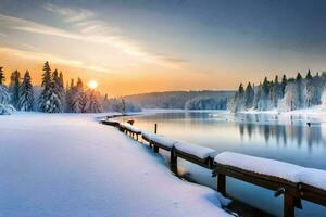 a winter scene with a wooden bridge over a river. AI-Generated photo