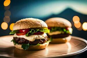 two burgers on a plate with a blurry background. AI-Generated photo