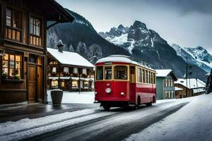 a red trolley is driving down a snowy road. AI-Generated photo