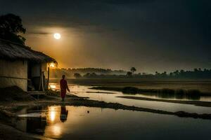 a man stands in front of a hut at sunset. AI-Generated photo