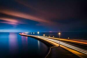 a long exposure photograph of a bridge over the ocean. AI-Generated photo