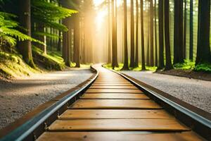 a train track in the middle of a forest. AI-Generated photo