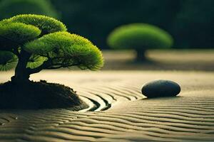 a bonsai tree sits on the sand in front of a rock. AI-Generated photo