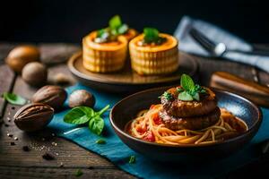 spaghetti with meatballs and breadsticks on a wooden table. AI-Generated photo