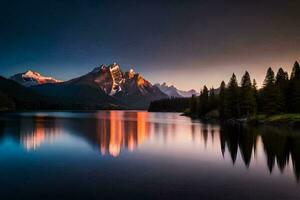 el montañas son reflejado en el agua a puesta de sol. generado por ai foto