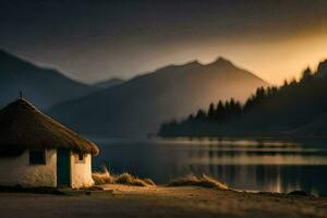 a small hut sits on the shore of a lake at sunset. AI-Generated photo