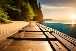 a wooden walkway leads to the ocean and the sun. AI-Generated photo