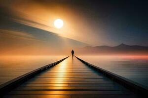 a man stands on a pier looking at the sun. AI-Generated photo