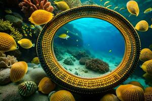 a circular mirror is surrounded by yellow fish. AI-Generated photo