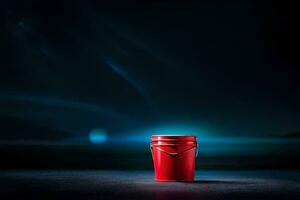 a red bucket sitting on a dark floor. AI-Generated photo