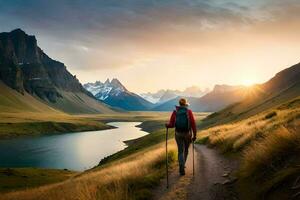a man walks along a path in the mountains. AI-Generated photo