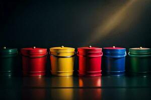 a row of colorful metal cans with candles. AI-Generated photo