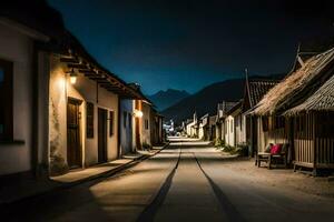 a long empty street at night with thatched huts. AI-Generated photo