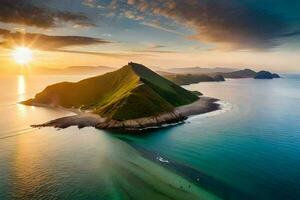 el Dom conjuntos terminado un isla en el océano. generado por ai foto