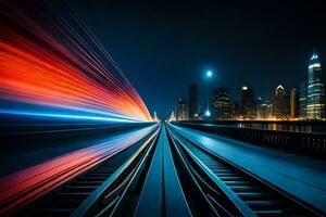 un tren pista con luces y ciudad luces en el antecedentes. generado por ai foto