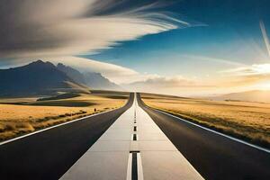 un largo la carretera con un largo tramo de asfalto en el medio de un campo. generado por ai foto