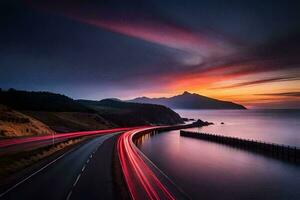 a long exposure photograph of a road and a mountain at sunset. AI-Generated photo