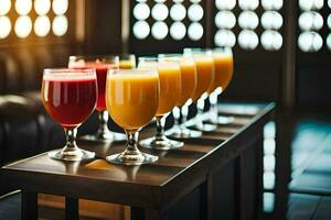 a row of glasses with different colored juices. AI-Generated photo