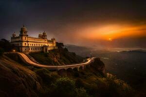 el Dom conjuntos terminado un castillo en parte superior de un montaña. generado por ai foto