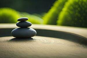 a stack of stones on a sandy ground. AI-Generated photo