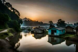 the sun rises over a small village with houses on the water. AI-Generated photo