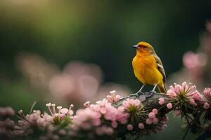 a small orange bird is perched on a branch of a tree. AI-Generated photo