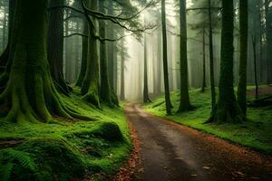 un camino mediante un verde bosque con arboles y niebla. generado por ai foto