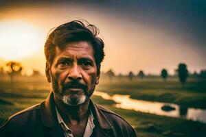 an indian man in a field at sunset. AI-Generated photo