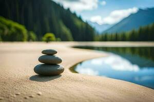 stacked stones on the beach by a lake. AI-Generated photo