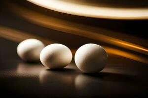 three eggs on a table with a blurred background. AI-Generated photo