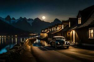 un coche estacionado en frente de un casa a noche con un lleno Luna. generado por ai foto