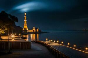 a lighthouse on the shore of a lake at night. AI-Generated photo