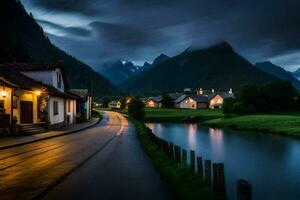 foto fondo de pantalla el cielo, montañas, río, el noche, el aldea, el montañas, el. generado por ai