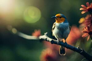 a small bird is sitting on a branch with flowers. AI-Generated photo