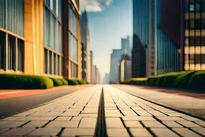 un largo vacío calle con edificios en el antecedentes. generado por ai foto