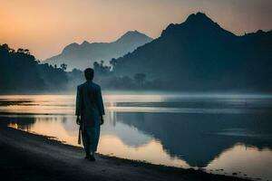 a man walking along the shore of a lake at sunrise. AI-Generated photo