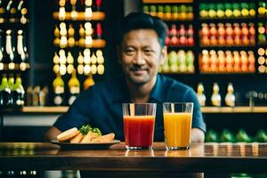 a man sitting at a bar with two glasses of juice. AI-Generated photo