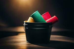 colorful plastic cups in a bucket. AI-Generated photo