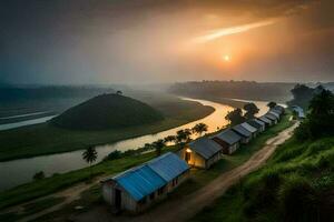 a river and some houses on the side of a hill. AI-Generated photo