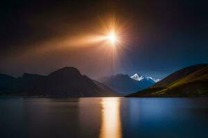 the moon shines over a mountain range and a lake. AI-Generated photo