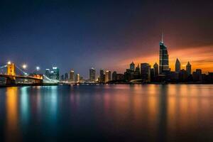 the city skyline at night with a bridge and water. AI-Generated photo