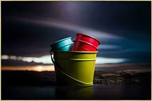 three colorful buckets sitting on a table in front of a dark sky. AI-Generated photo