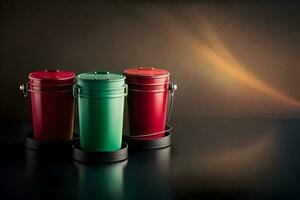 three colorful trash cans on a black background. AI-Generated photo